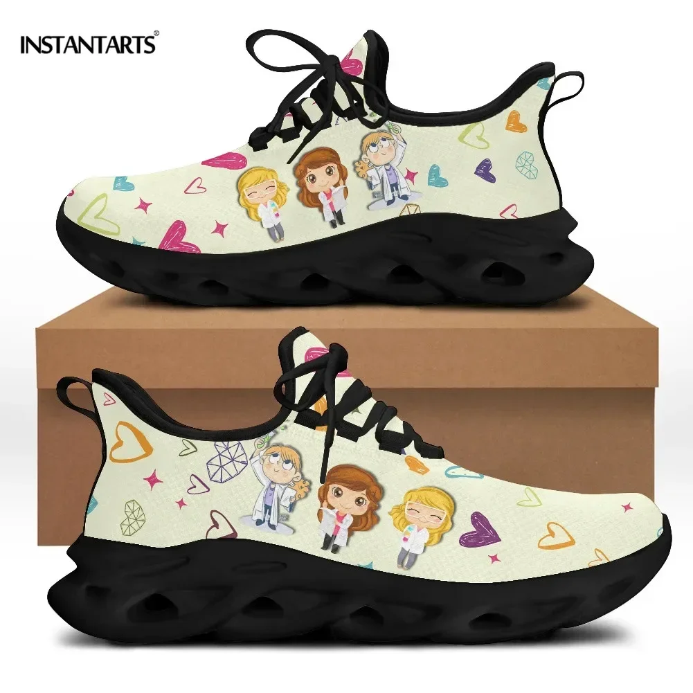 Cute Cartoon Doctor Nurse Shoes for Women Light Mesh Spring Summer Female Flat Sneakers Lace-up Footwear for Lady