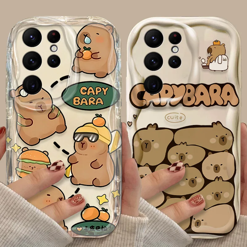 Cartoon Capybara Clear Wave Case For Samsung Galaxy S24 Ultra S23 S22 Plus S21 S20 FE A25 A55 A35 A15 A16 A05 A05S A06 Back Etui