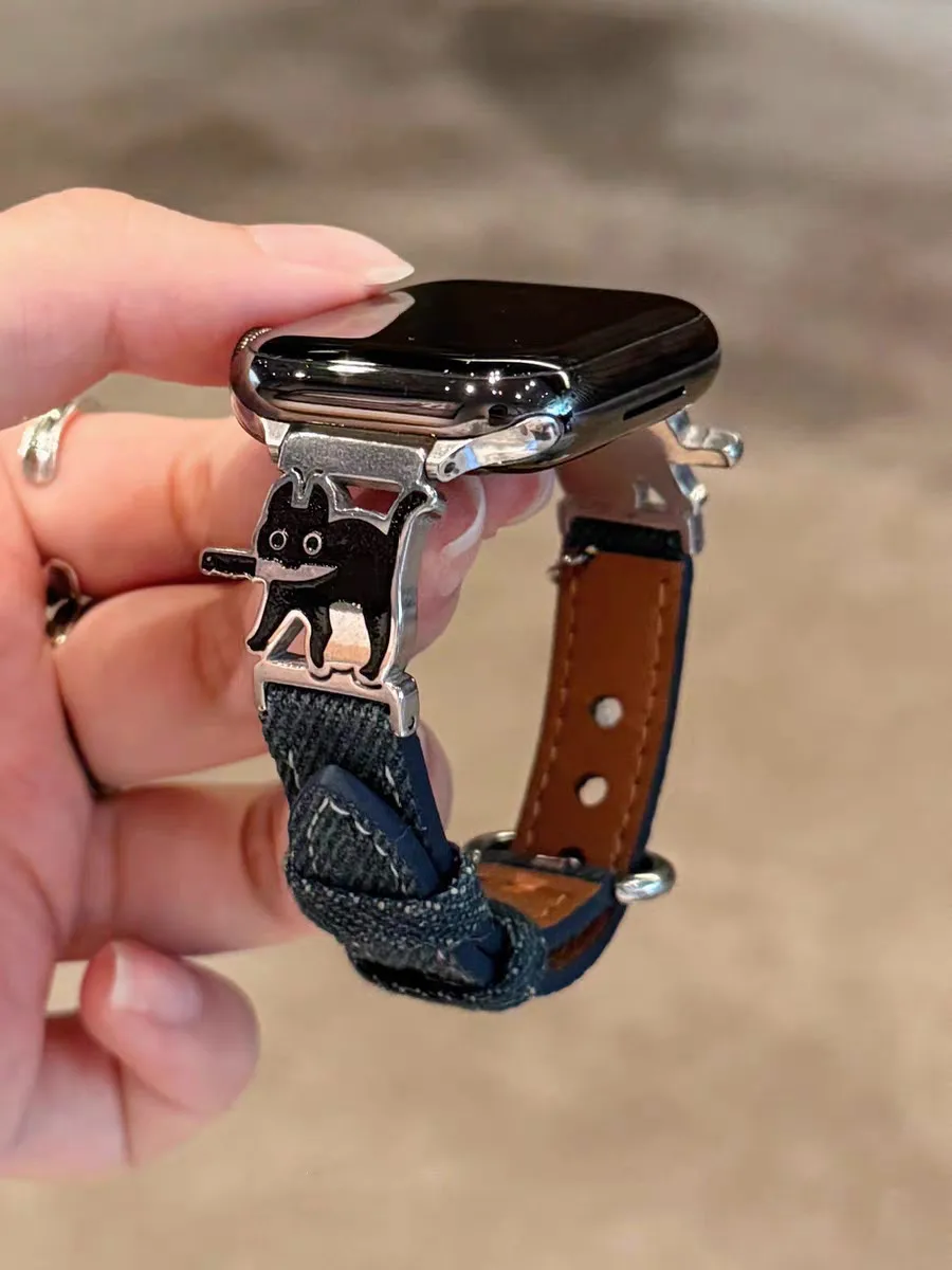 حزام جلدي نحيف من قماش الدنيم لساعة أبل 38/42 40/44 41/45 مللي متر 49Ultra Cat مع سوار سكين لساعة IWatch S10 42/46 مللي متر 9876SE