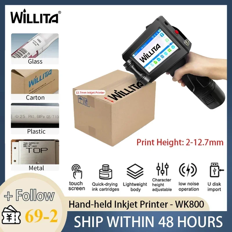 Willita 휴대용 핸드헬드 잉크젯 프린터, 4.3 인치 스마트 터치 스크린, 600DPI, 빠른 건조 잉크, 모든 면에 적합, 12.7mm