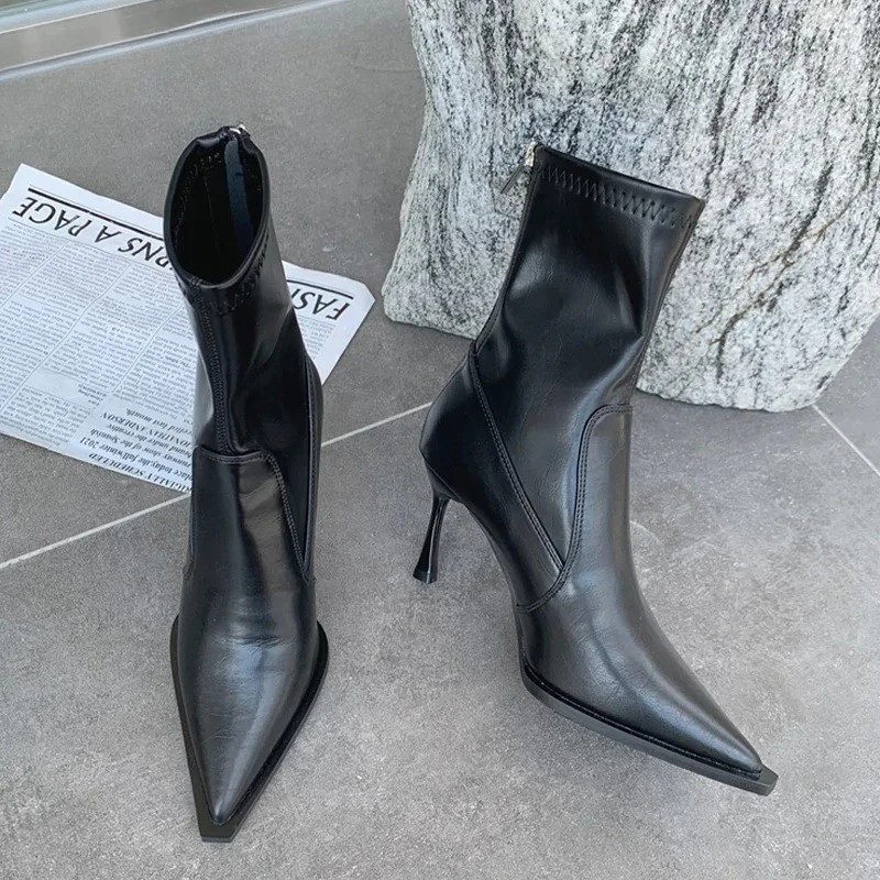 

Aneikeh/Осенне-весенние женские ботильоны из эластичной ткани, удобная обувь на молнии, дизайнерские туфли на высоком каблуке Botas De Mujer