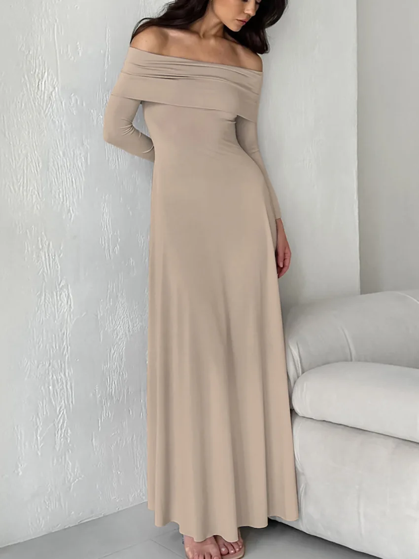 

Chic Shoulderless Evening Long Dress 2024 New Autumn Long Sleeve A-line Party Dresses Fashion All-match Slash Neck Naked Dress