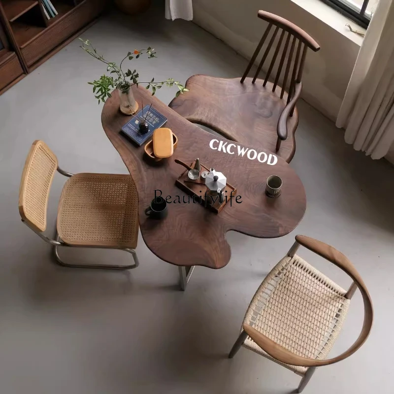 

Irregular log wind tree branch balcony tea table North American black walnut special-shaped log table