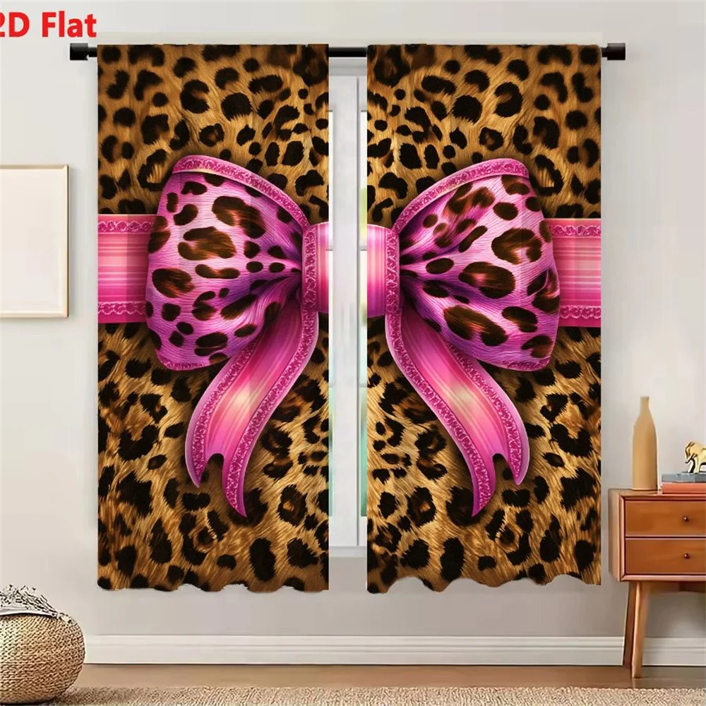 2Pcs Curtains 2D Flat Large Glossy Pink Bow With Leopard Print Pattern On Tan Leopard Print Background Window Drapes for Bedroom