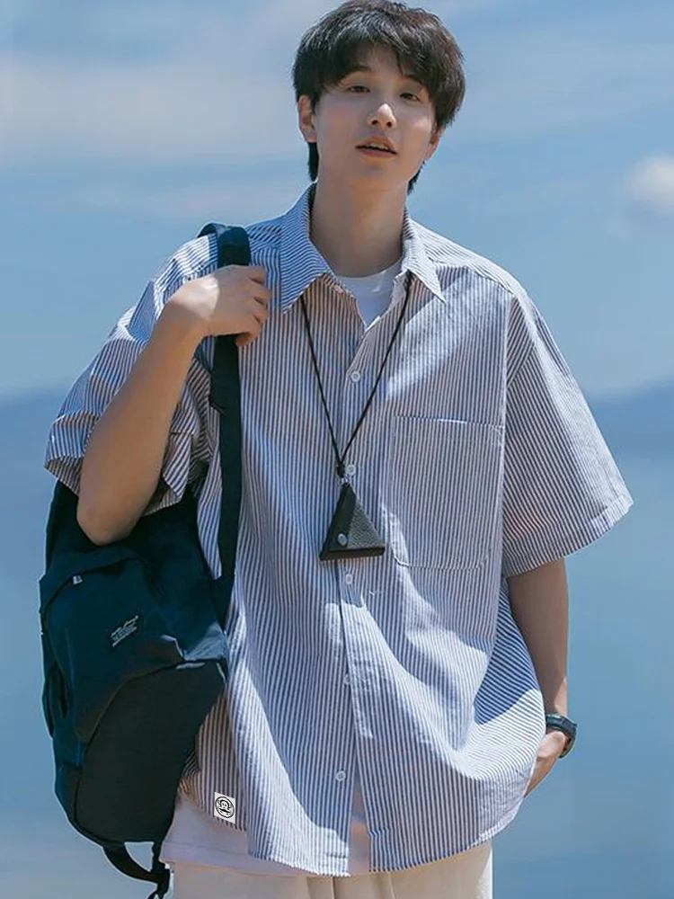 

Мужская летняя рубашка из оксфордской ткани в полоску, дышащая, с коротким рукавом, приталенного кроя, модная, повседневная.