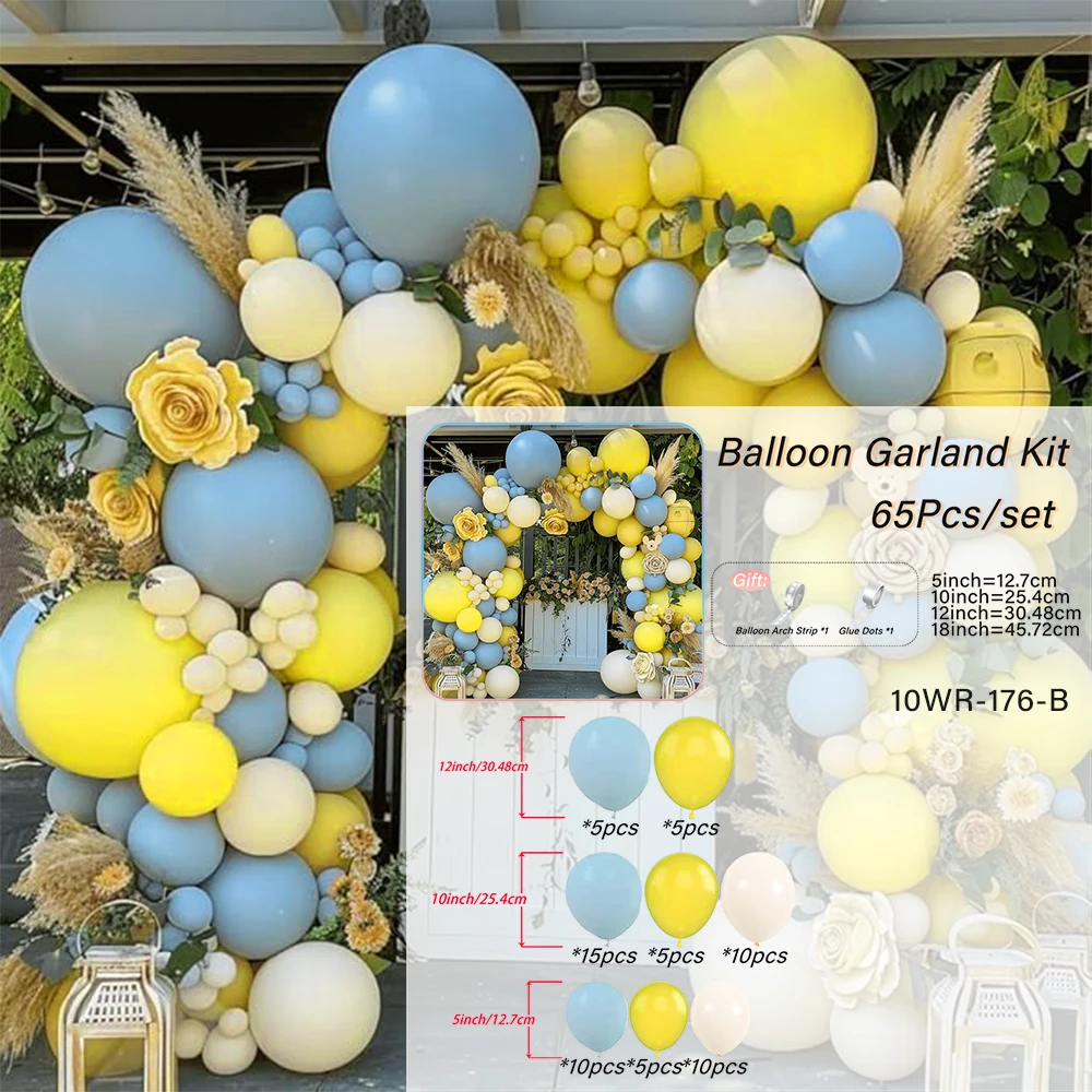 65pcs Blue Yellow Balloon Garland, White Sand Yellow Balloon Dusty Blue Balloon Arch Kit for Baby Shower Birthday Party Decor