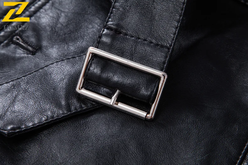 Urban Fashion Faux Leather Jacket Men's Mid-length Belt PU Leather Coat chaqueta 2025 Autumn Winter Motorcyclist Trench Coat Man