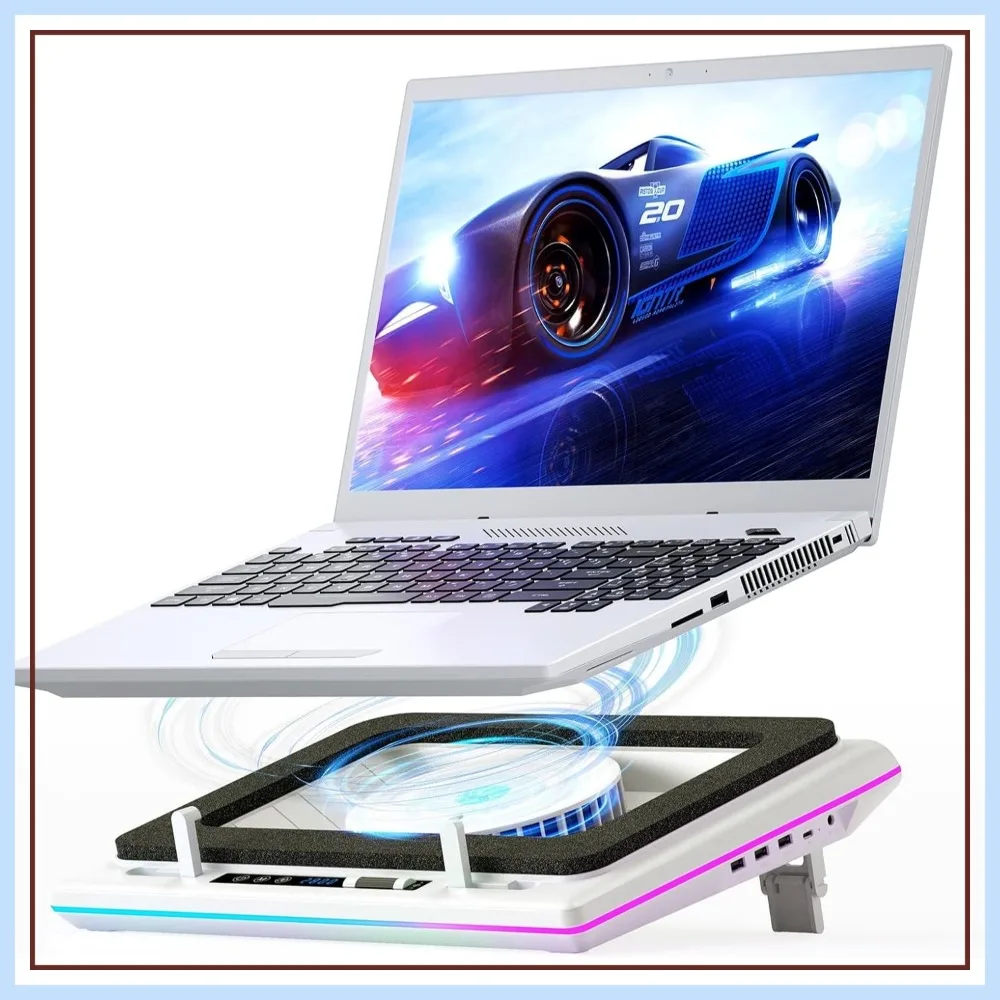 

RGB Laptop Cooling Pad, White, Powerful Turbofan, Quiet, Touch Control, LCD Screen, Seal Foam, 15-19in