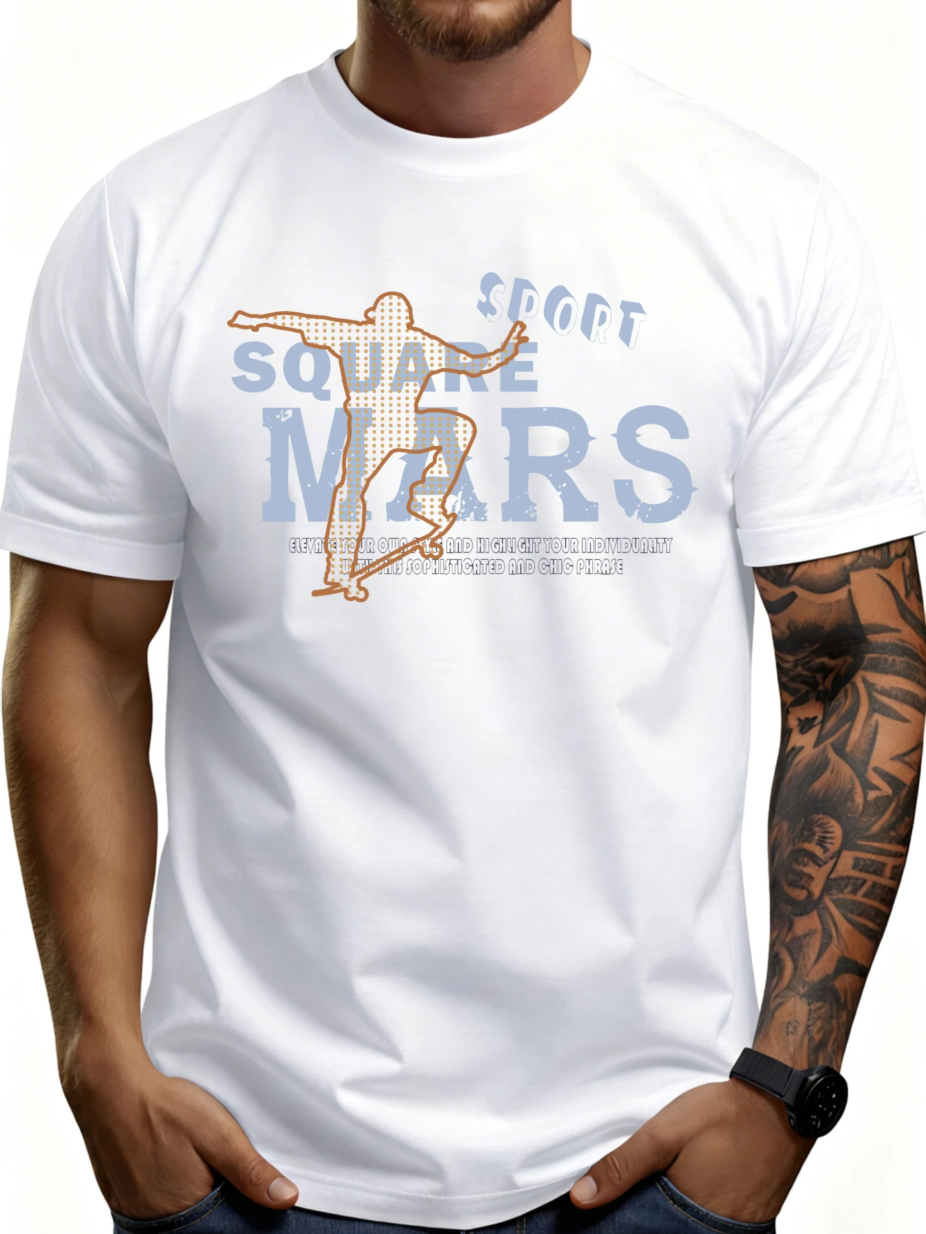 Casual Sports Style Men's T-Shirt with Square Mars Graphic Design, Summer Wear, Men's Gift