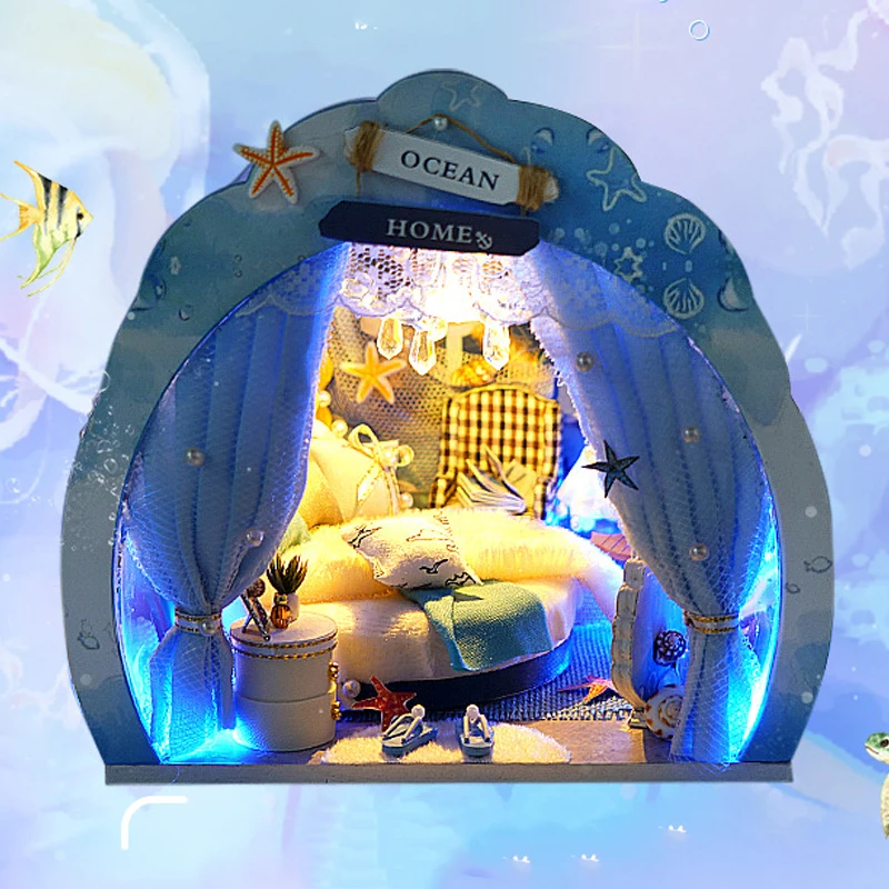 

Набор для сборки миниатюрной деревянной модели «Океанский дом»: 3D-пазл, кукольный домик с мебелью и подсветкой – идеальный подарок друзьям на день рождения