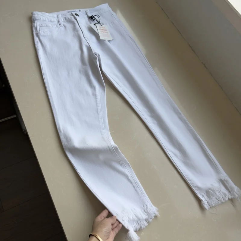 Summer White Thin Jeans Women's Casual Stretch Pencil Pants High Waist Slim Versatile Raw Edge Ankle-length Denim Trousers