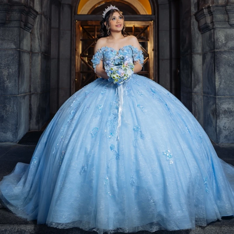 

Небесно-голубое блестящее бальное платье для выпускного бала с аппликациями, кружевом, бисером, бантом, тюлем, корсетом и открытыми плечами, платье для Sweet 16, vestidos 15 de anos