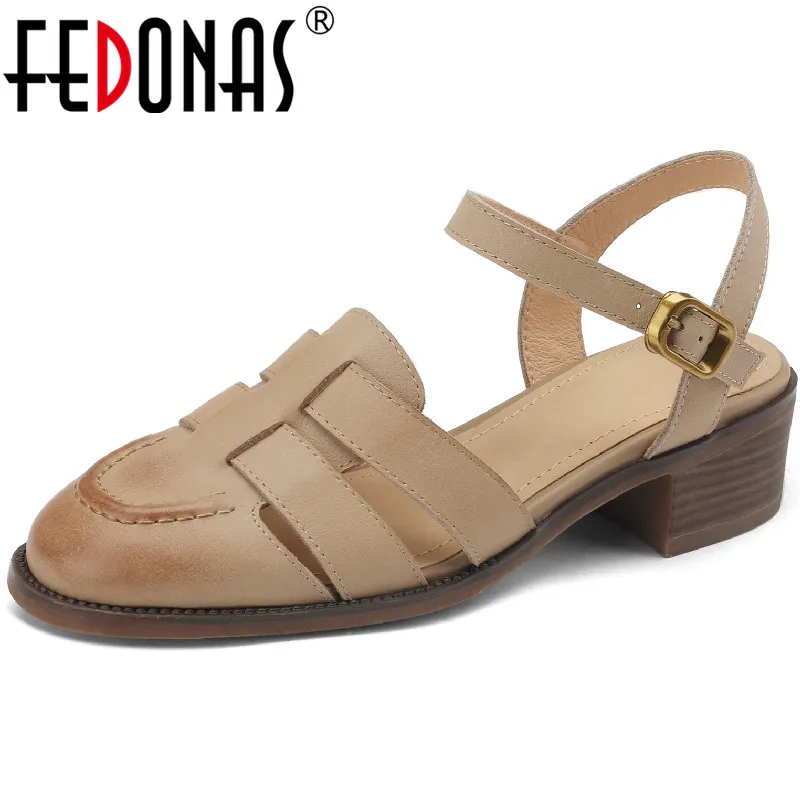 

FEDONAS Retro Style Women Sandals Spring Summer Gladiator Genuine Leather Thick Heels Shoes Woman Casual Office Ladies Newest