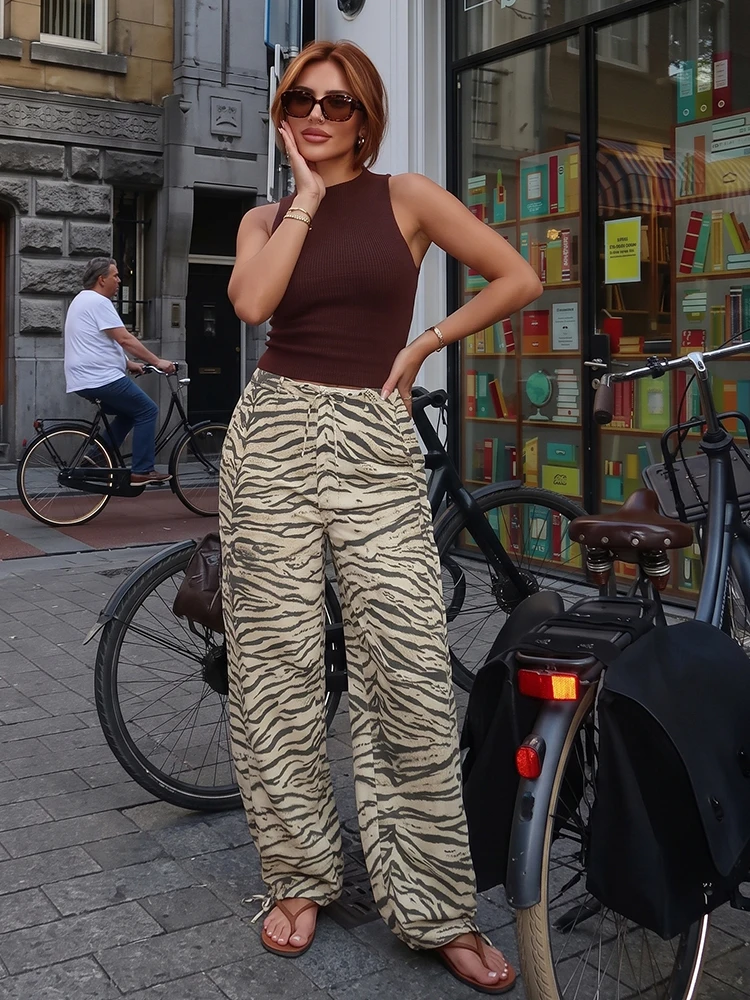 HH Y2K Retro Tiger Stripe Baggy Wide Leg Pants Drawstring Elastic Waist Cuffed Jogger Trousers Summer Festival Casual Streetwear