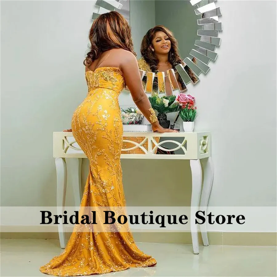 Elegant Yellow Prom Dresses 2024 Long Sleeves Sparkly Beads Crystals African Evening Gowns Wedding Reception Gown  Customized