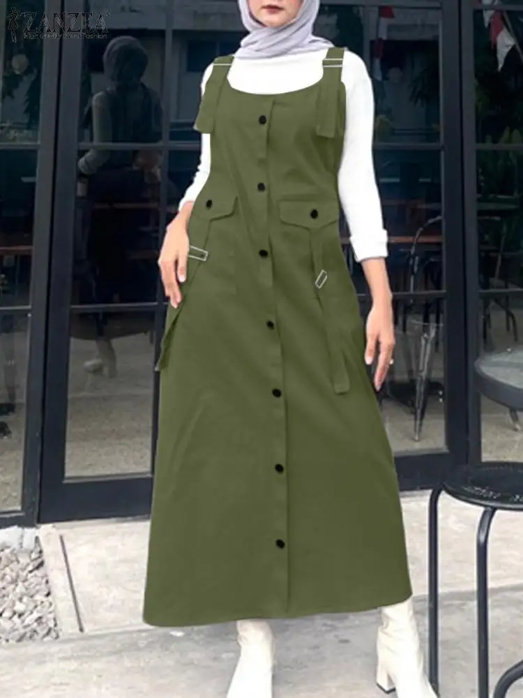 2024 ZANZEA Elegant Overalls Dress Muslim Hijab Sundress Women Vintage Sleeveless Strap Vestidos Buttons Down Work Holiday Robes