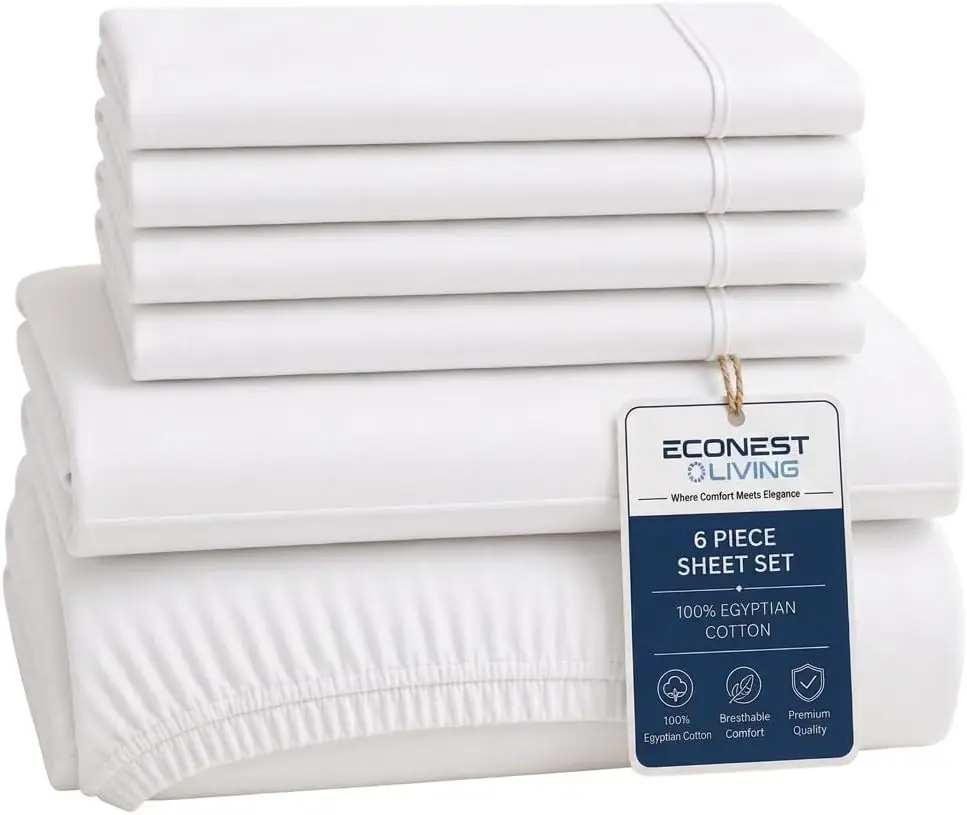 

Luxury King Size 1000 Thread Count Egyptian Cotton Sheet Set - 6 Piece with 4 Pillowcases, Cooling Sateen Weave, Deep Pocket - White