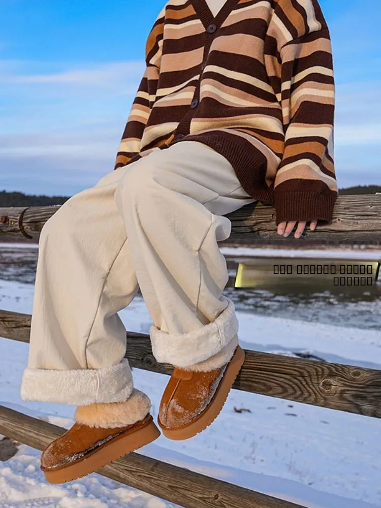 

Lamb Velvet Fce Lined Casual Straight Leg Thiened Winter Thermal Cotton Pants Men's OOTD Matching Long Trousers