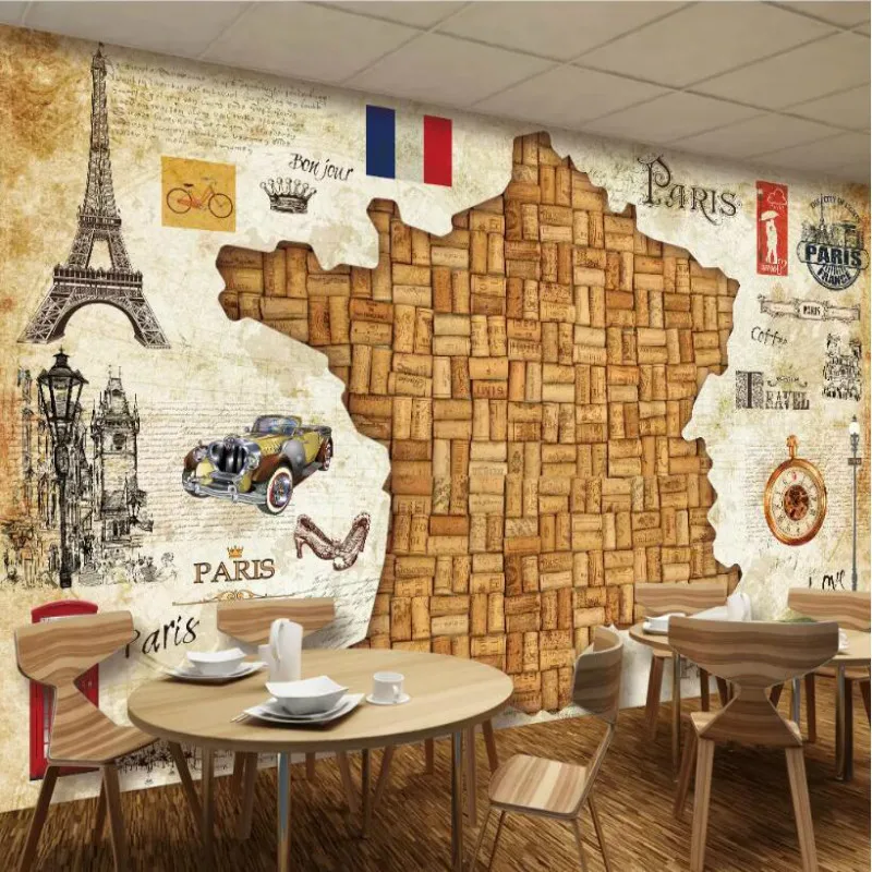 

French red wine oak plug vintage map 3D Wallpaper for Restaurant bar Wall Paper TV Background Painting Mural Wallpapers