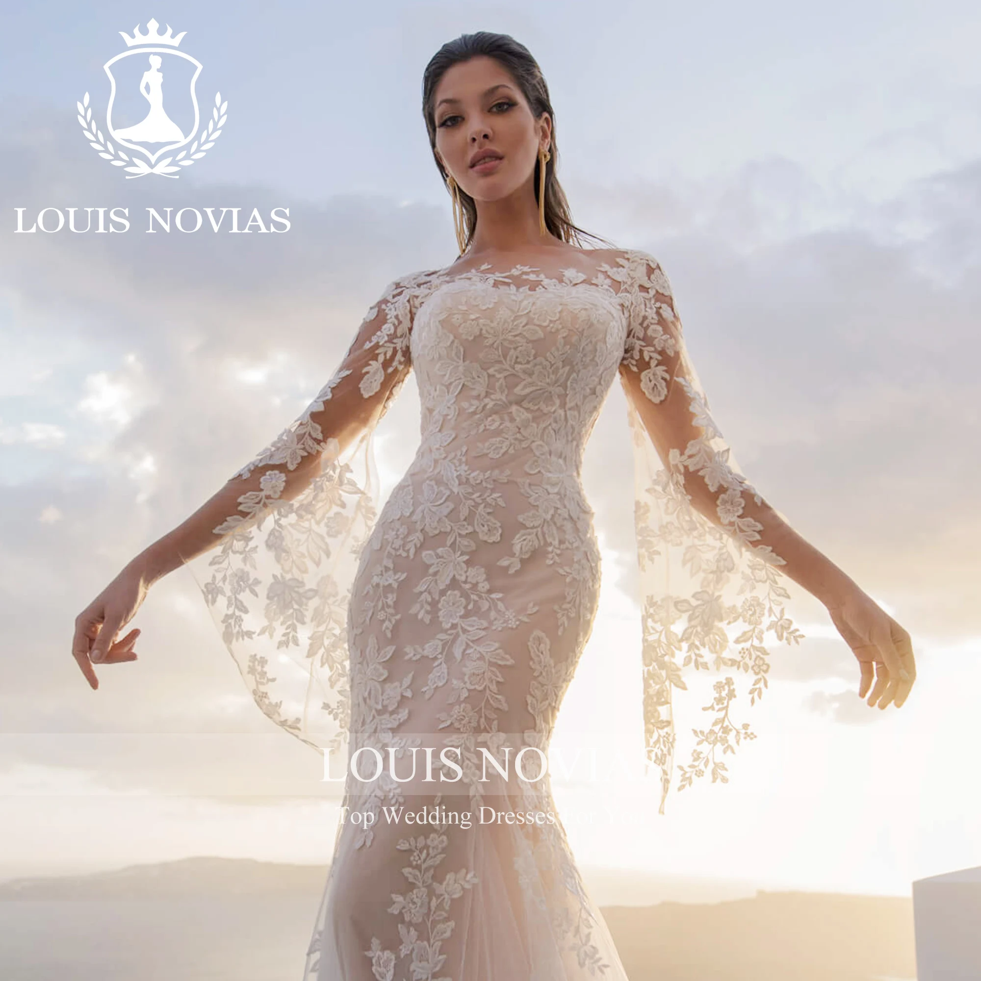 Louis novias-花嫁のためのフレアスリーブのウェディングドレス、花嫁のための花のピングラップリング,ペットの衣装,人魚のドレス,2023