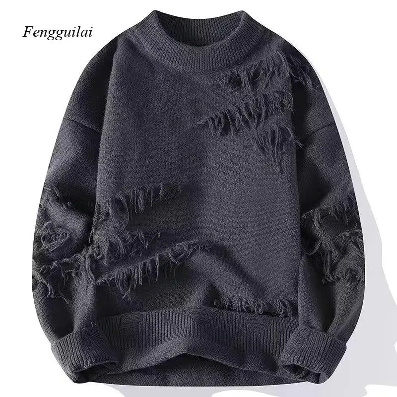 

Men's Trendy Frayed Knit Crew Neck Sweater - Distressed Streetwear Pullover