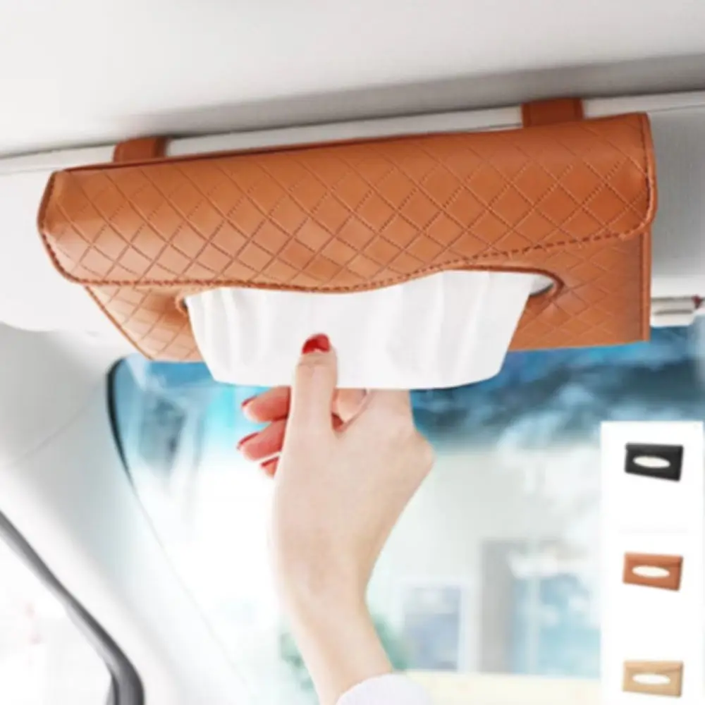 Car Tissue Box Grid Embossing Car Hanging Universal Auto Sun Visor Tissue Case PU Leather Car Decor Car Napkin Holder Dispenser