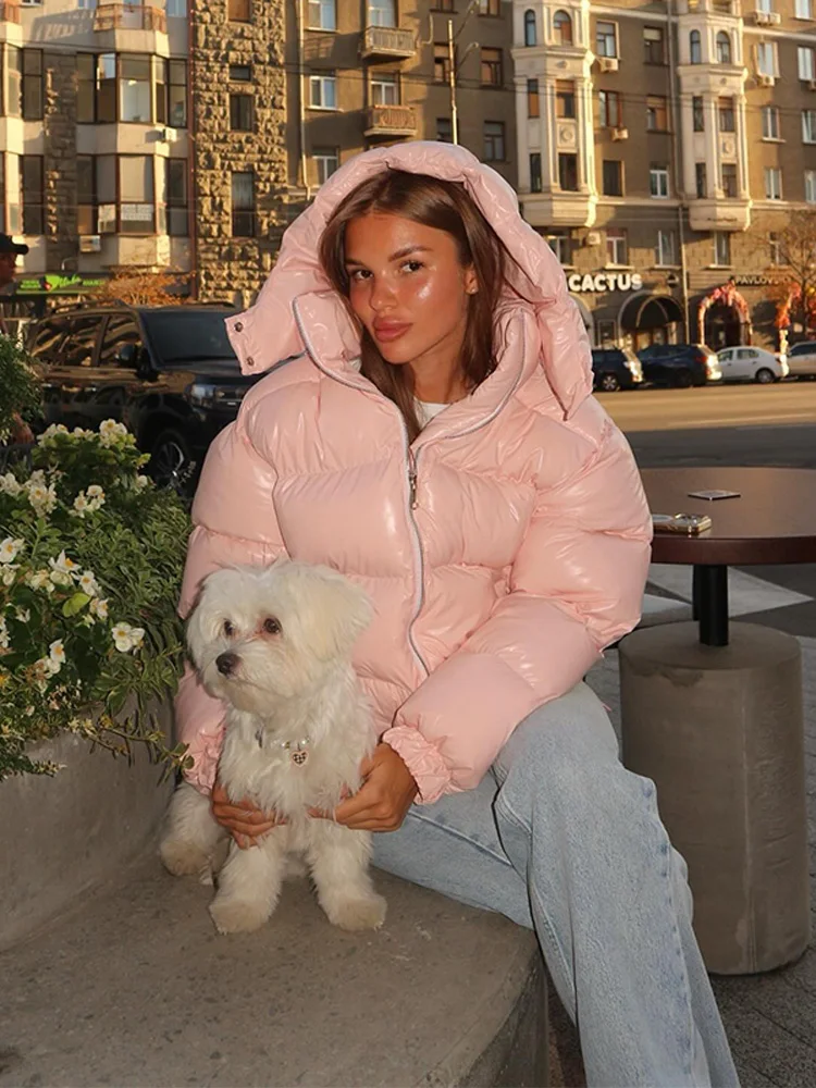 Kurze Glänzende Kapuzenjacke für Damen, Street-Style Stehkragen, Laternenärmel, Lose Passform, Modische Damenjacken, Neue Oberbekleidung – Detail 19