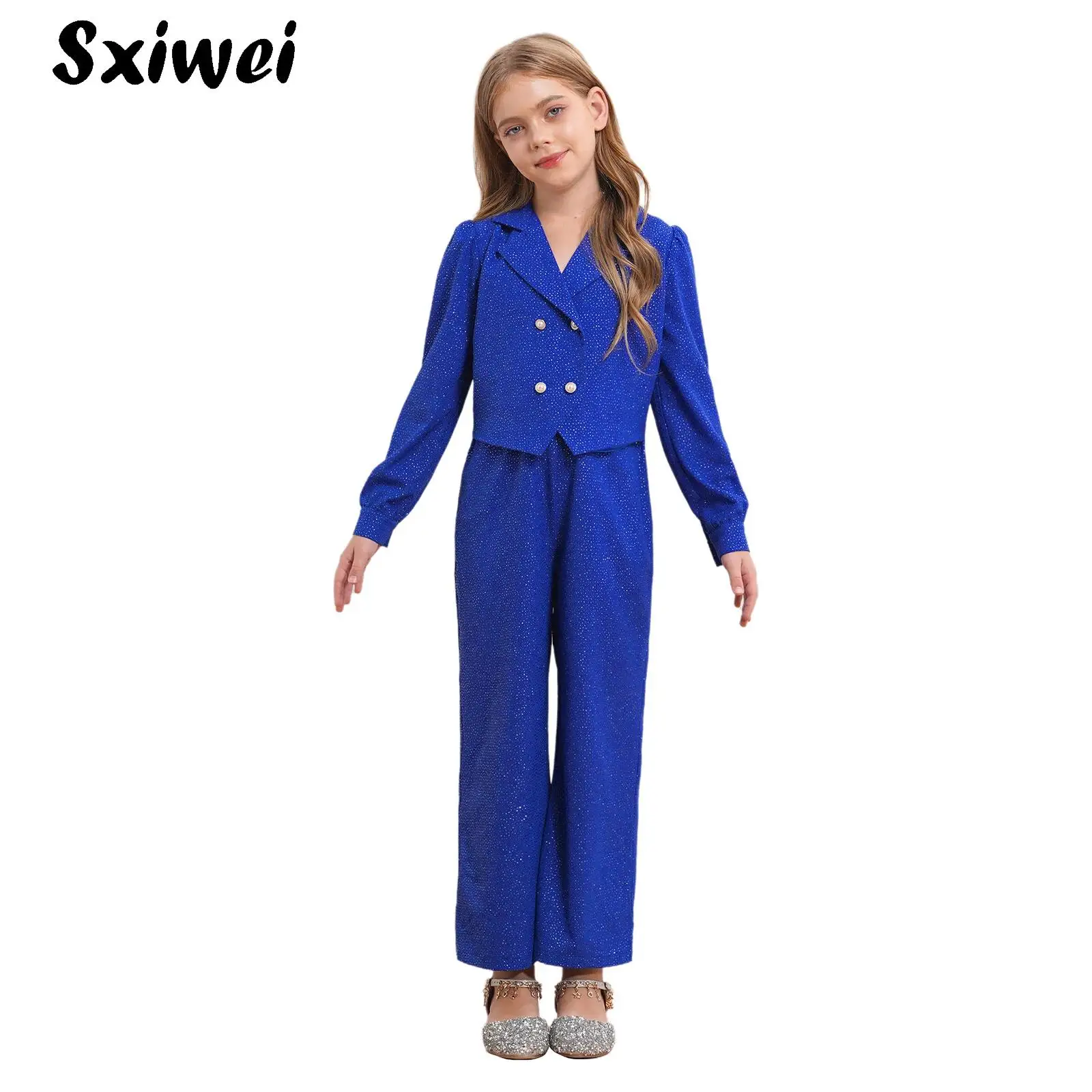 

Kids Girls One-Piece Jumpsuit with Button-down Lapel Long Sleeve Elegant Overalls Full Bodysuit for Evening Party Banquet