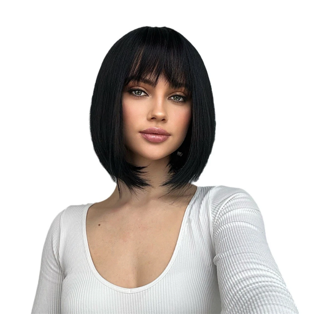 New European Style Black Full Head Wig for Women, Short Straight Bob with Straight Bangs, Natural & Youthful Look
