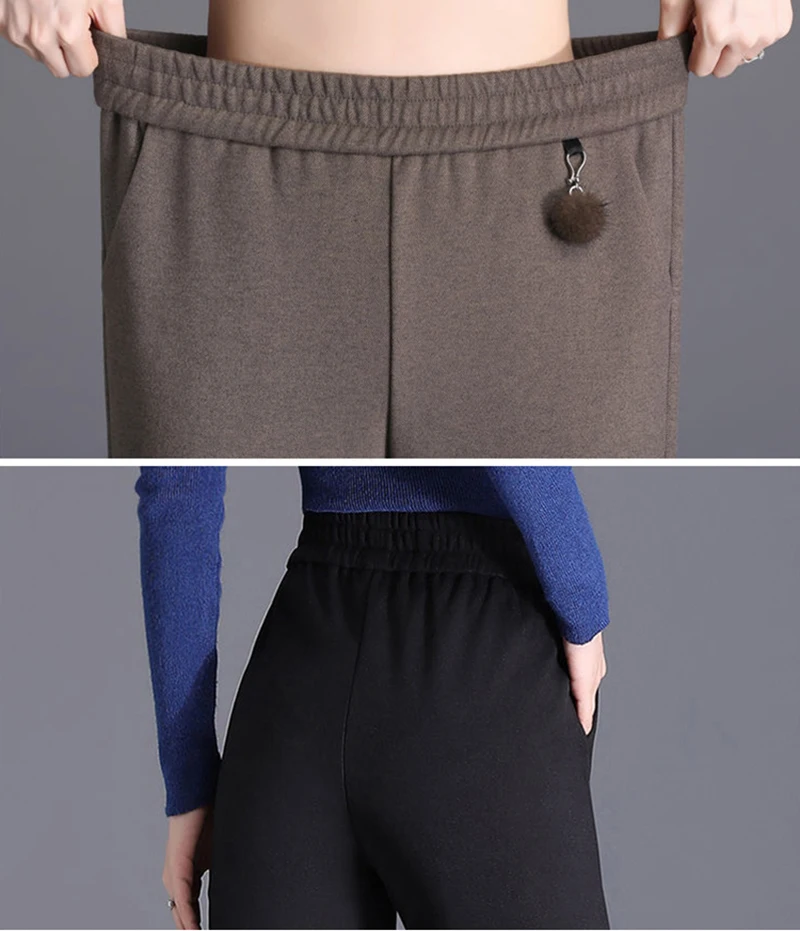 Pantalones de lana para mujer, pantalón bombacho fino de cintura alta elástica, holgado, informal, con bolsillo, de nueve puntos, otoño e invierno, novedad de 2023