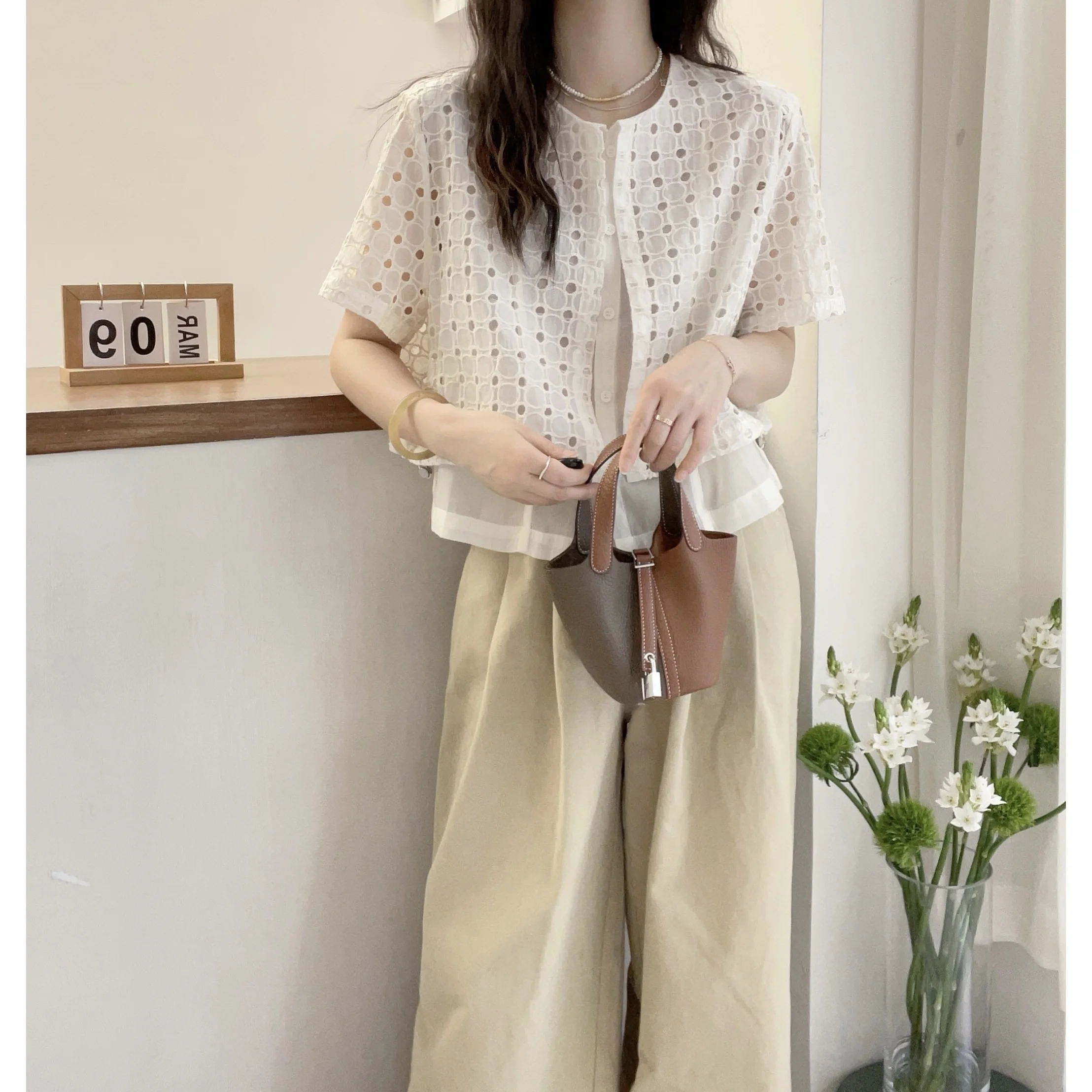 Kurzarmhemden Damen Baumwolle Patchwork Pintuck Slim Fit Bluse Vintage Minimalistisch Preppy Girlish Student Jugendlicher Retro