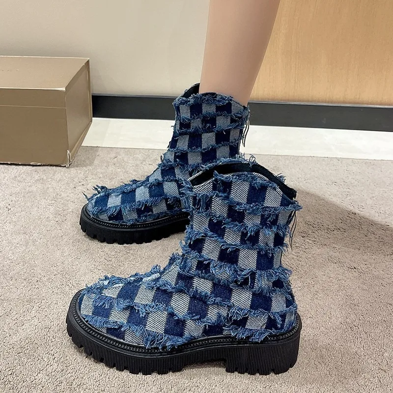 2024 New Fashion British Style Women's Shoes Denim Plaid Beggar Casual Short Doc Martens Boots for Women  chaussures casual