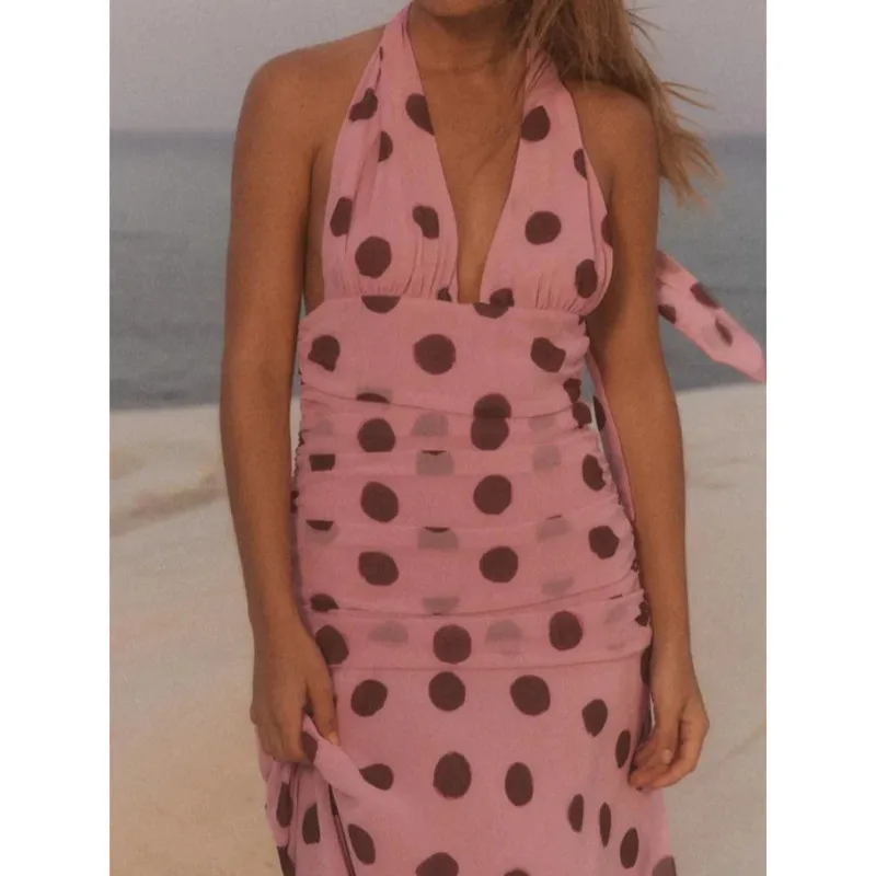 Polka Dot Elegant Lady Slim Dress Halter Lace-up Chic Maxi Dress Sleeveless Backless Sexy Evening Dress Summer Beach Gown Women