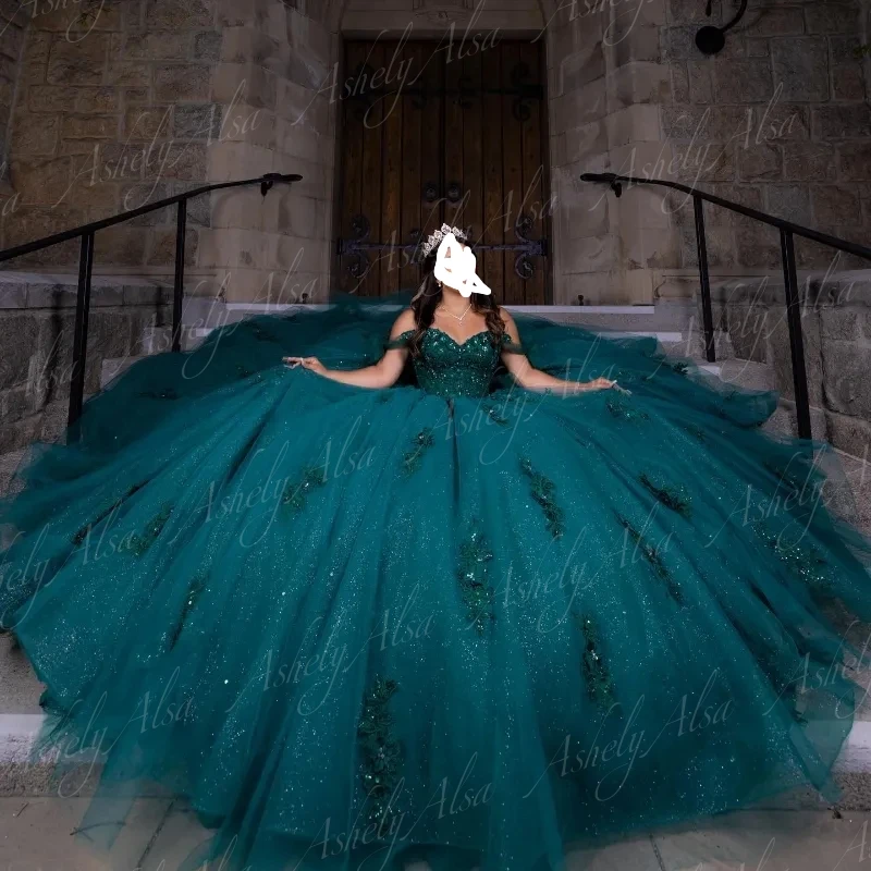 Maßgeschneidertes Hunter Green Mexikanisches Frauen-Abschlussball-Geburtstagsparty-Kleid, Spitzenapplikation, Korsett, Ballkleid, süßes 15/16 Quinceanera-Kleid