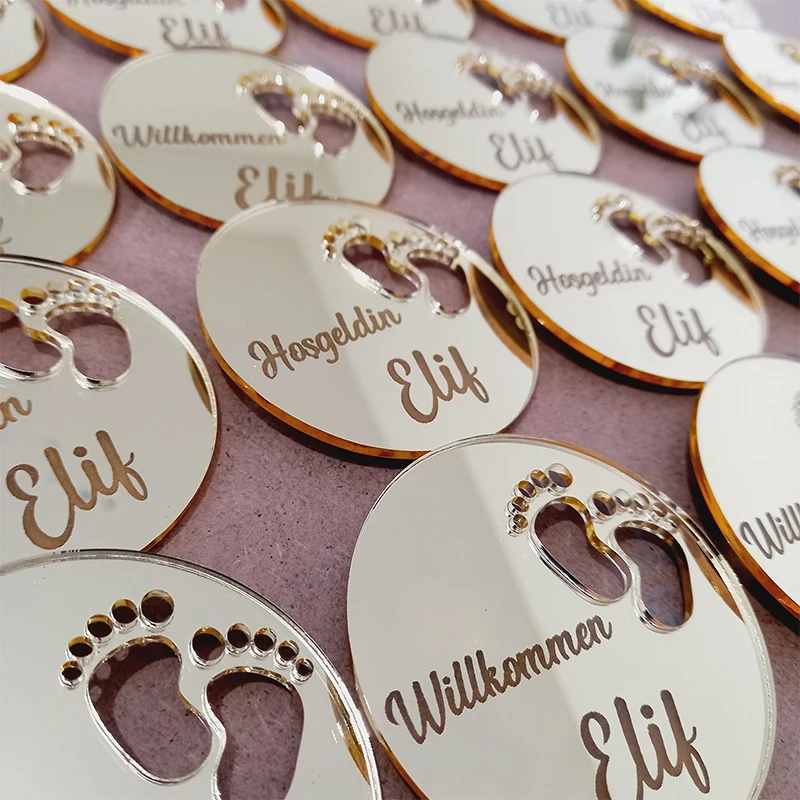 Étiquettes acryliques personnalisées en plexiglas, 10/20/50 pièces, Souvenirs de baptême pour réception-cadeau pour bébé, étiquette cadeau en acrylique miroir