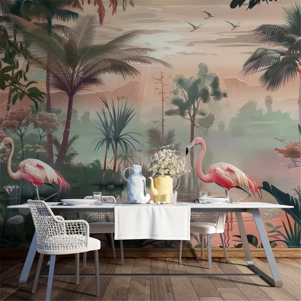 Tropical Flowers and Cranes Wallpaper Floral Mural Living Room Wall Painting Decoration, Peel and Stick, Decorative Art