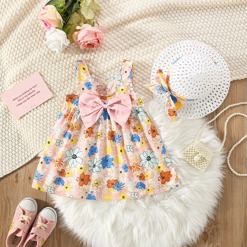 Summer New Girls Dress Birthday Party Dress + Hat Big Bow Flower Print Sweet Princess Dress Cool And Light