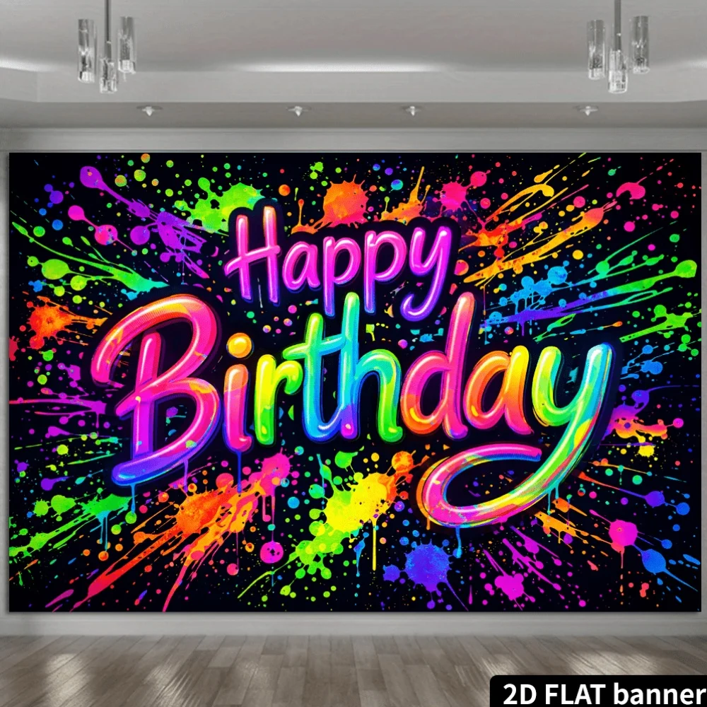 Vibrant Happy Birthday Wall Art Tapestry Neon Splatter Paint Graffiti Decor Banner for Party Celebration Room Decoration Gift Ba