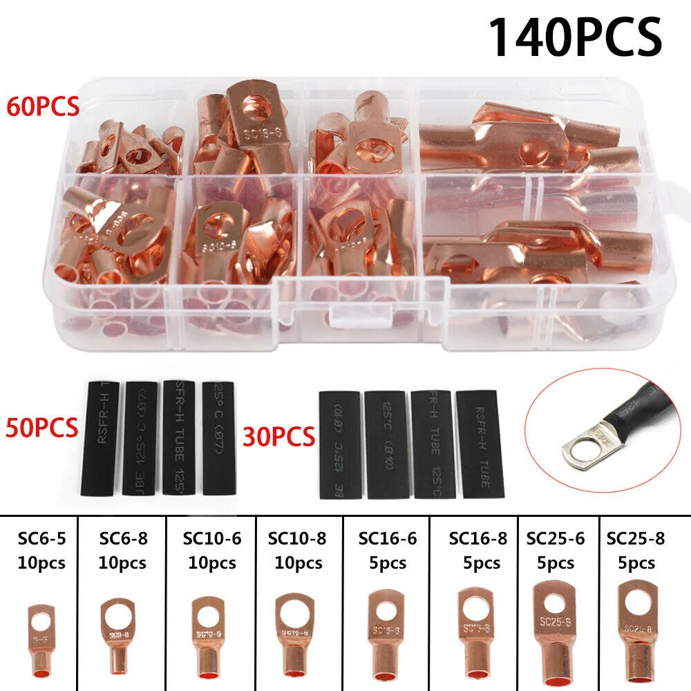 

140PCS Electrical Battery Bare Copper Ring Lug Terminals Connectors Wire Gauge SC6-25 8 Sizes Kit