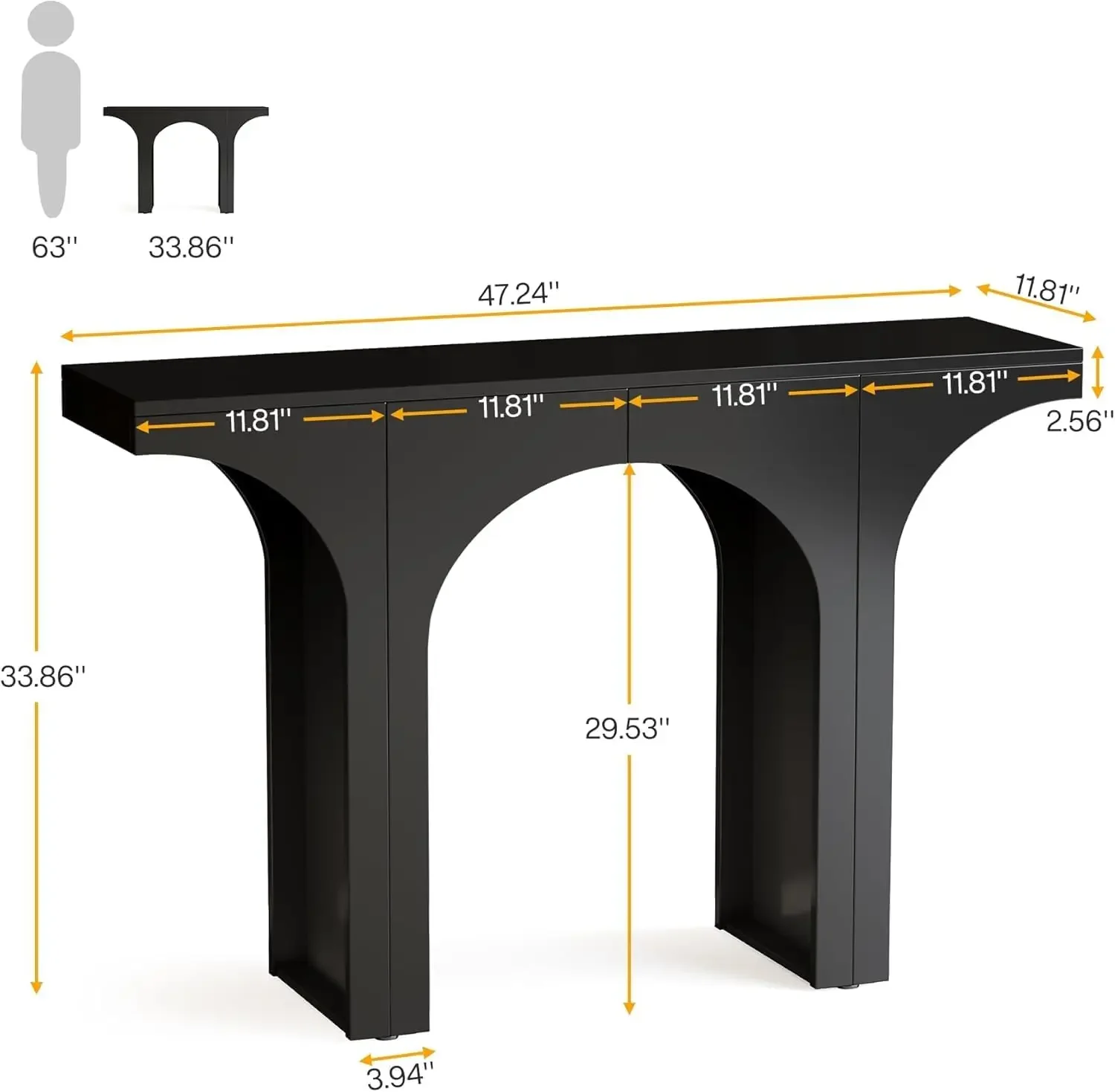 Black Console Table, 47-Inch Entryway Console Table, Wood Sofa Table Behind Couch with Arched Base, Narrow Hallway