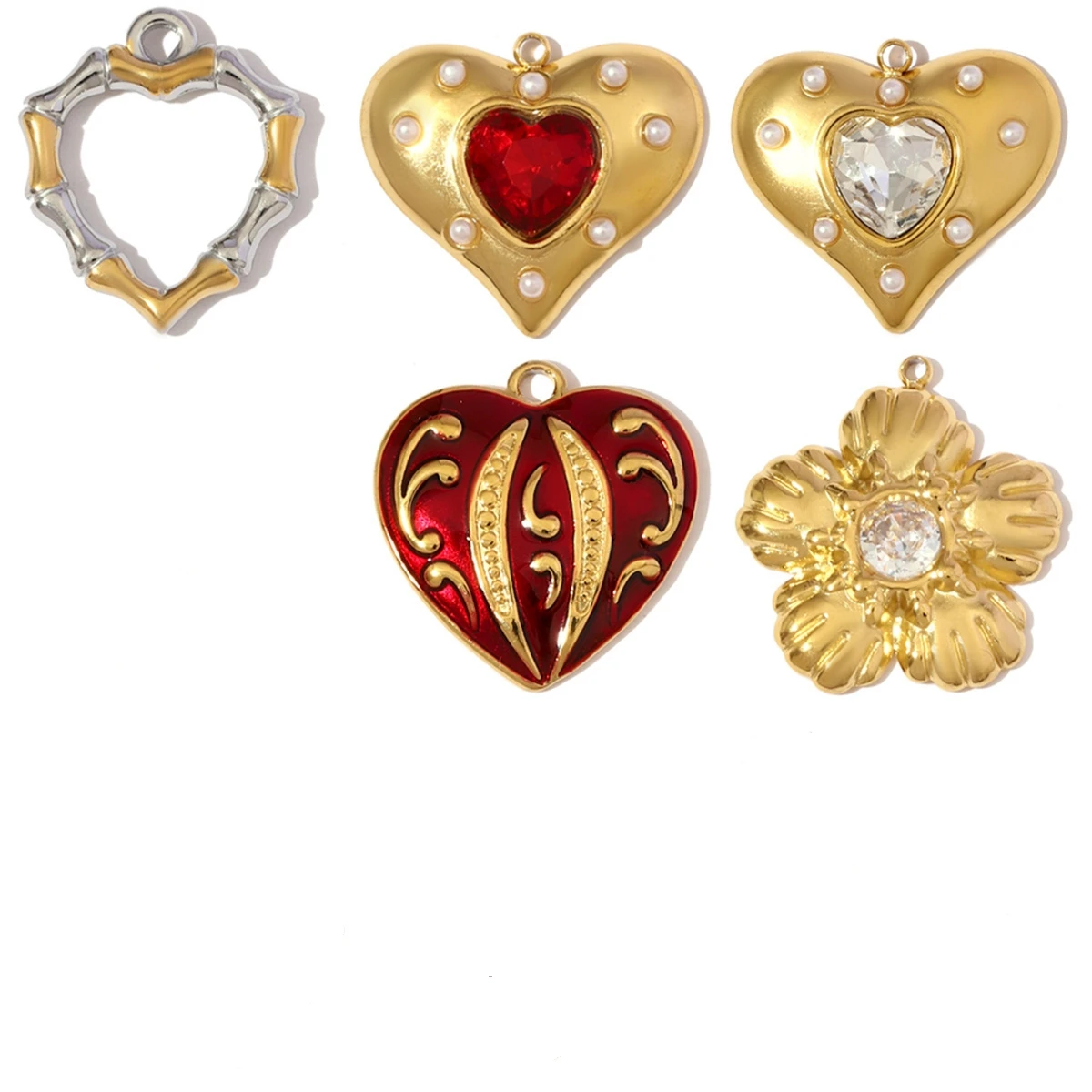 3Pcs/Lot Stainless Steel Heart Flower Charms Rhinestone Necklace Pendants For DIY Making Fashion Jewelry Accessory Wholesale