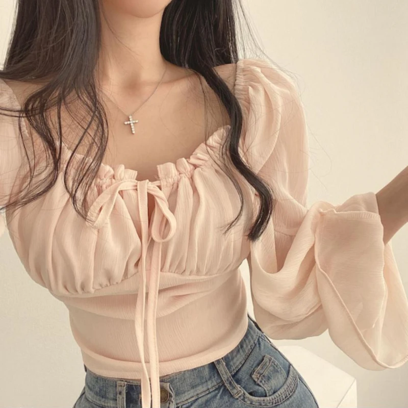 Solid Blouses Women Lace-up Flare Sleeve Square Collar Lace-up All-match Korean Style Sweet Kawaii Elegant Casual Summer Trendy