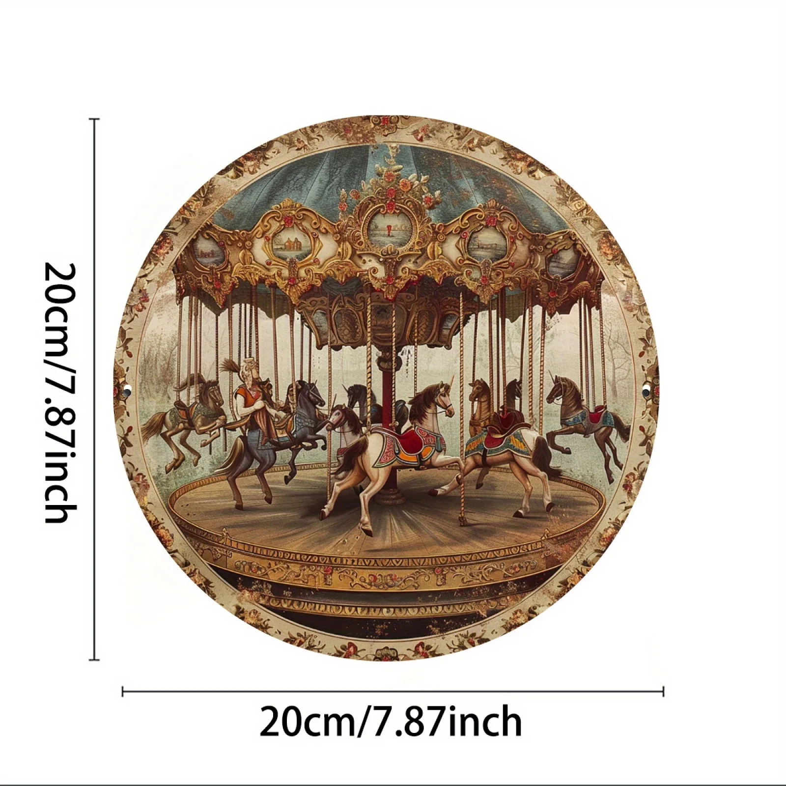 Vintage Carousel Metal Wall Art - 8x8 Inch Aluminum Sign, Intricate Carousel Horses Design, Suitable for Indoor/Outdoor Decor in