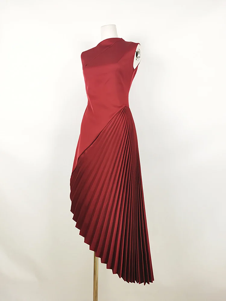 LISM Mode vrouwen Avondjurk Geplooide Onregelmatige Effen Kleur Mouwloos Satijn Elegante Feestjurken 2024 Herfst Nieuwe