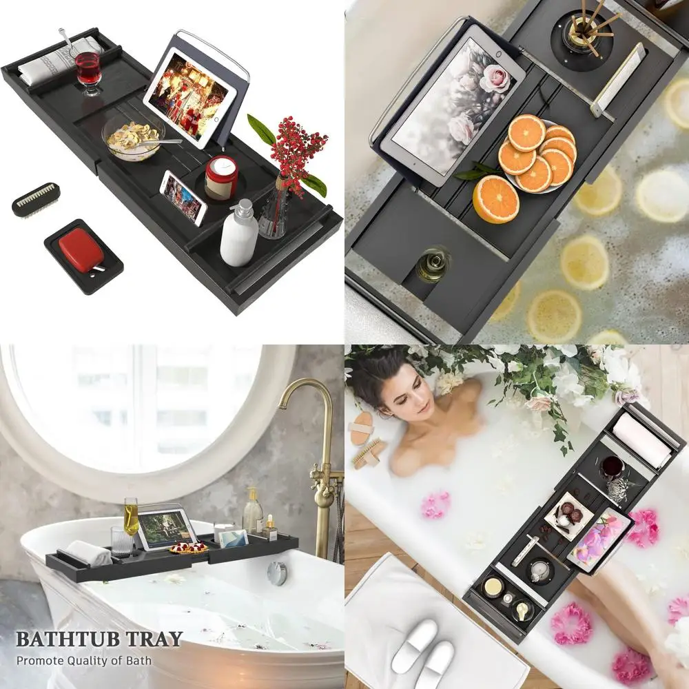 

Регулируемый бамбуковый органайзер для ванной с 3 подставками для мыла, идеально подходит для спа-процедур, чтения и роскошных аксессуаров для ванной комнаты (черный)