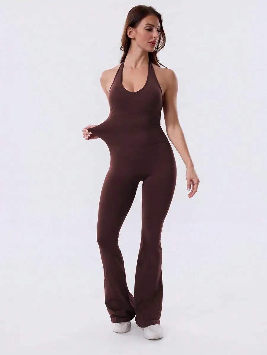 Women's Sculpting Slim Fit Backless V-Neck Halter Jumpsuit High Stretch Butt-Lift Flared Leg Sleeveless Active Romper