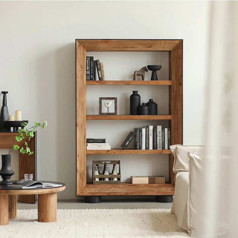 1. Wind color-blocked solid wood bookcase, shelf, floor-to-ceiling, black oak veneer, log, vintage old pine bookcase