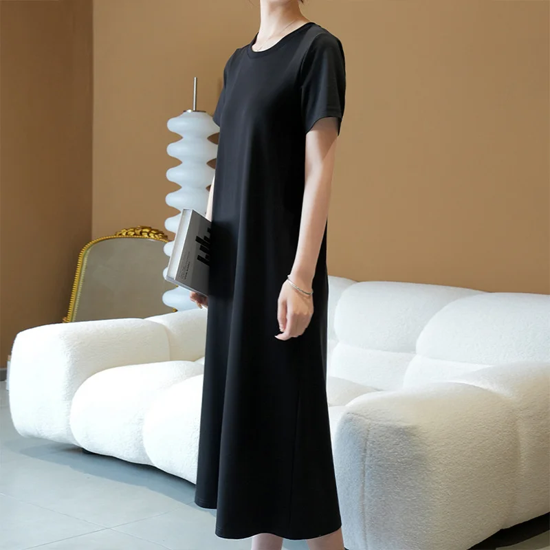 French Senior Casual Black Dress Female 2023 Summer New Loose Temperament Slim Simple Generous Long T-shirt Skirt Solid Color X4