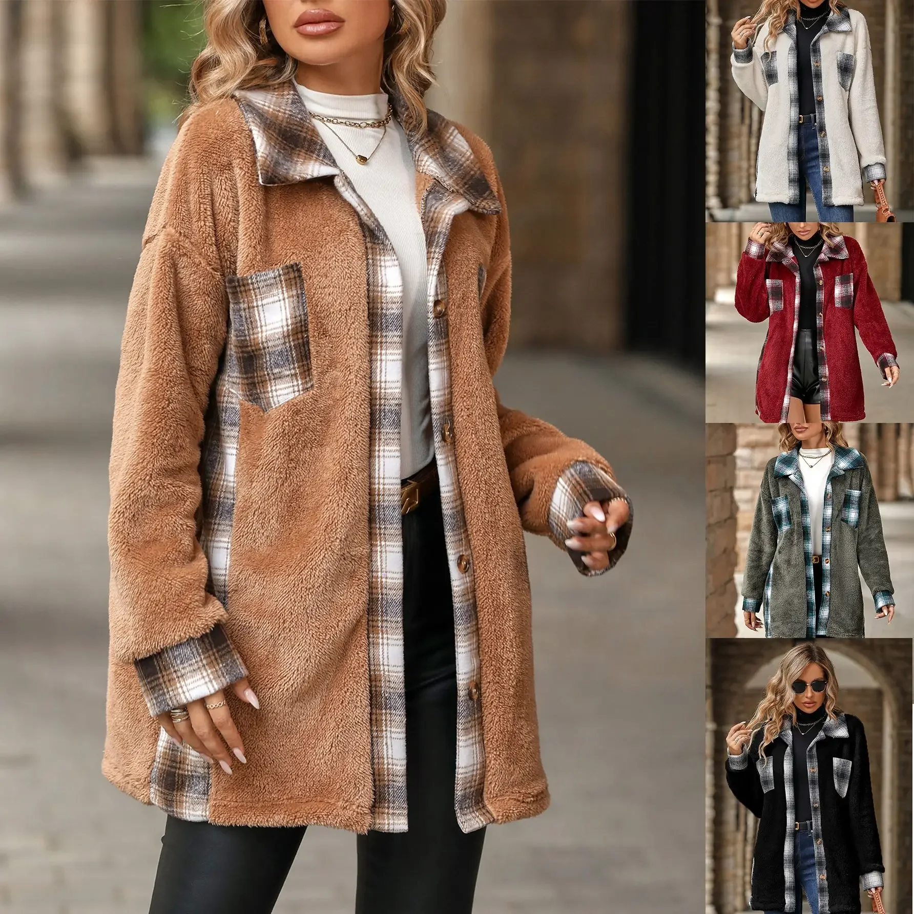 Damen Herbst Winter neue einreihige Revers mittellange karierte Plüsch jacke lässig modische bequeme Taschen knöpfe