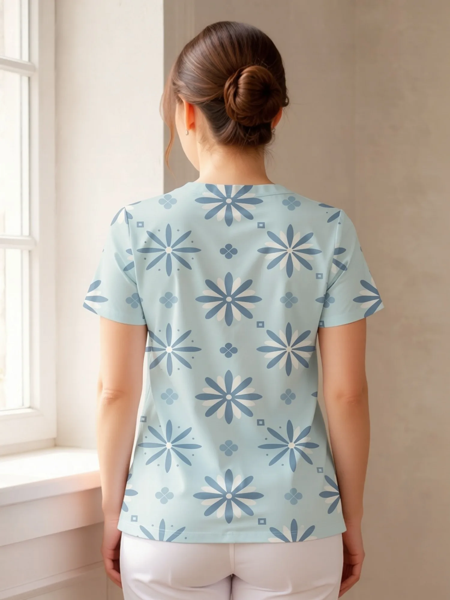 Floral Pattern Easy Casual Look Womens Modern V Neck Nursing Scrub Top Featuring Front Pockets Relaxed Fit For Busy Nursing Days